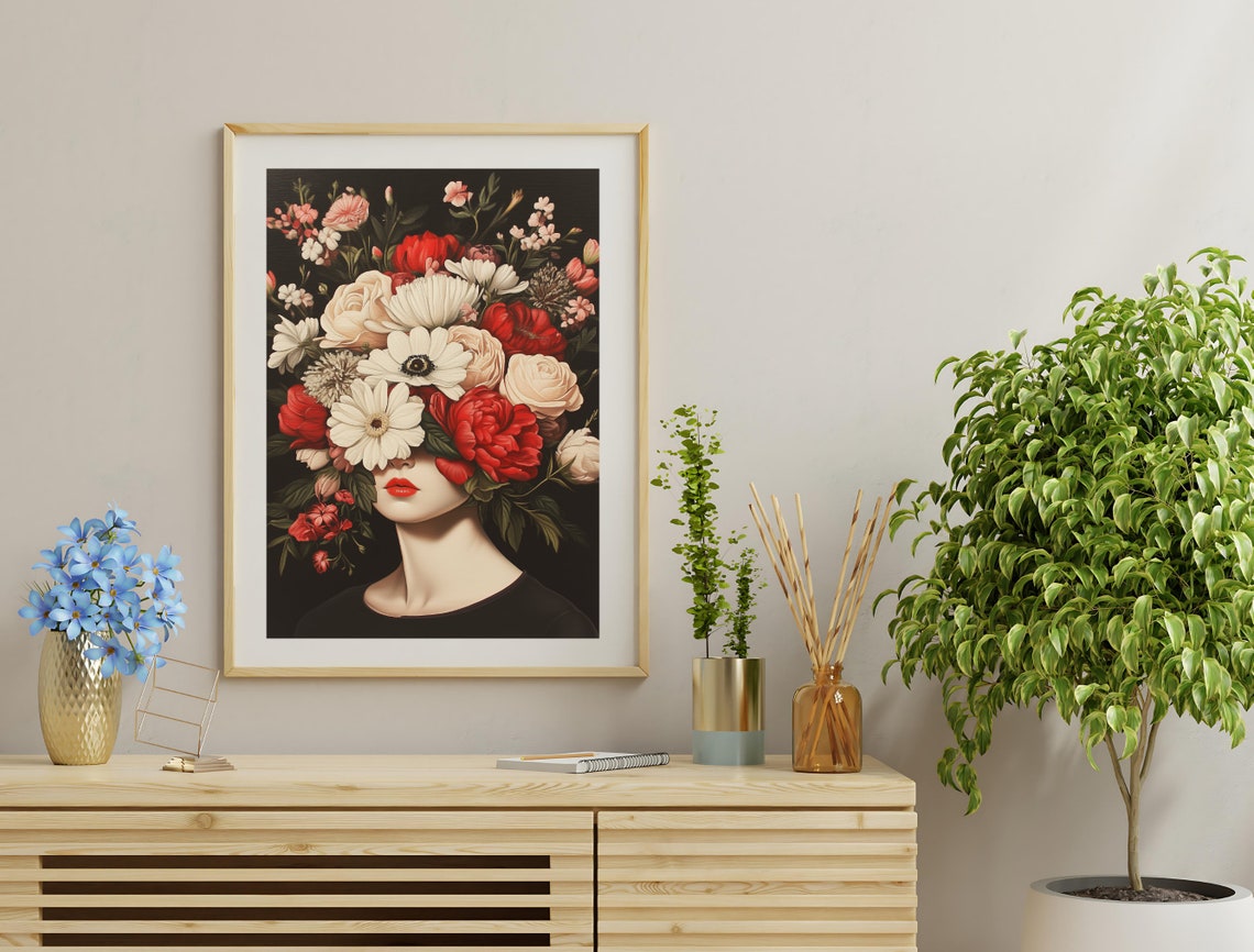 Woman Flower Head Surreal Portrait Dark Floral Maximalist Art Poster - Image 3
