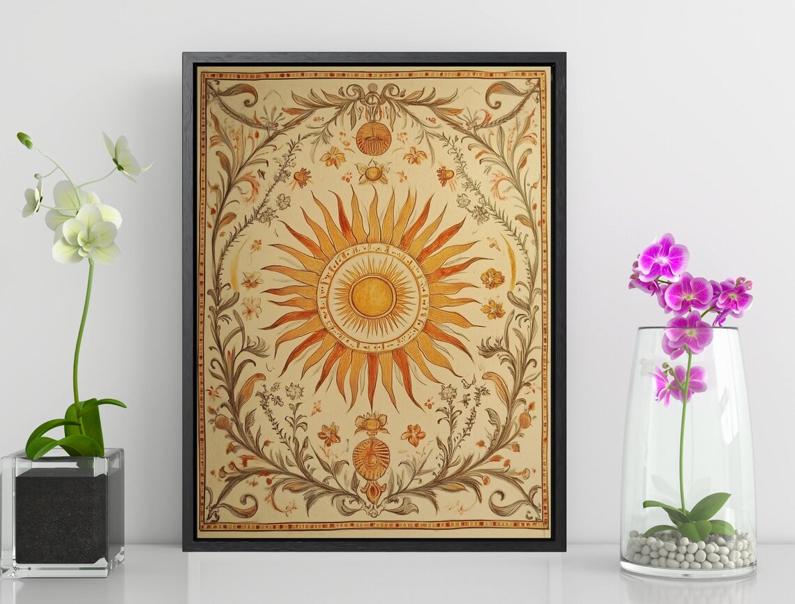 Boho Sun Design Art Print, Vintage Rose Floral