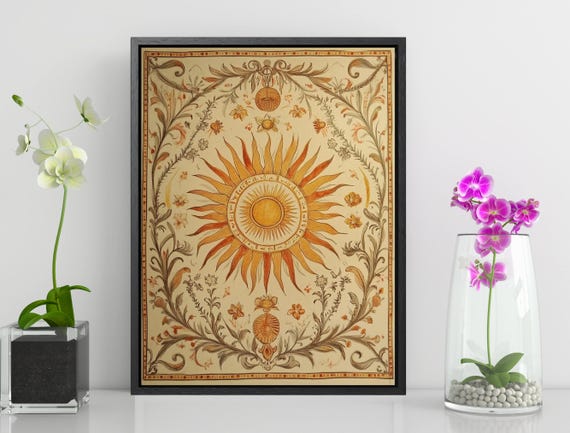 Boho Sun Design Art Print, Vintage Rose Floral