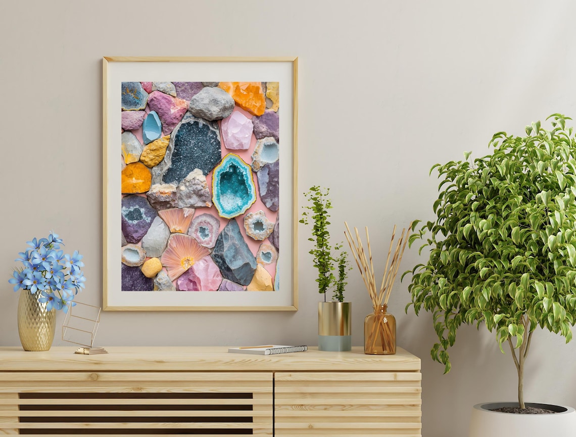 Colorful Gemstones Crystals Collage Pink Background Mineral Art Print - Image 3
