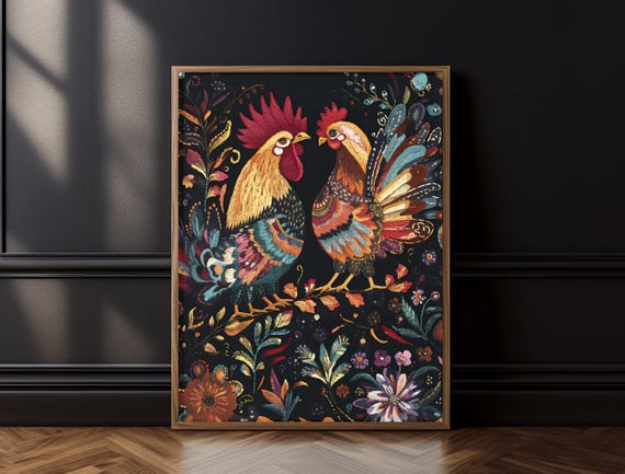 Dark Maximalist Art Print Moody Vintage Decor Large Floral Bird Poster Bold Colorful Wall Art For Home Office