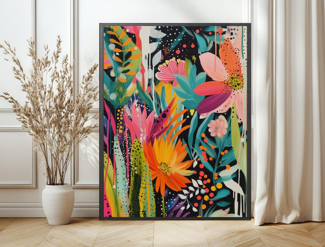 Abstract Floral Explosion Black Background Maximalist Color Poster