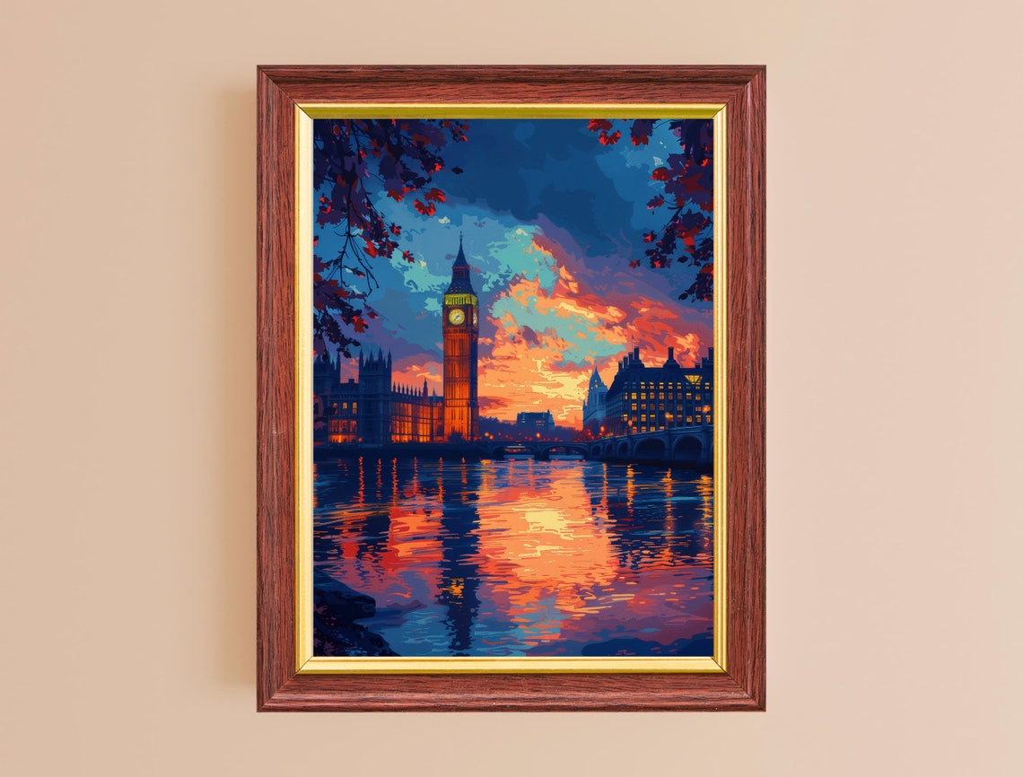 London Big Ben Sunset Thames River Painting England Travel Art Poster