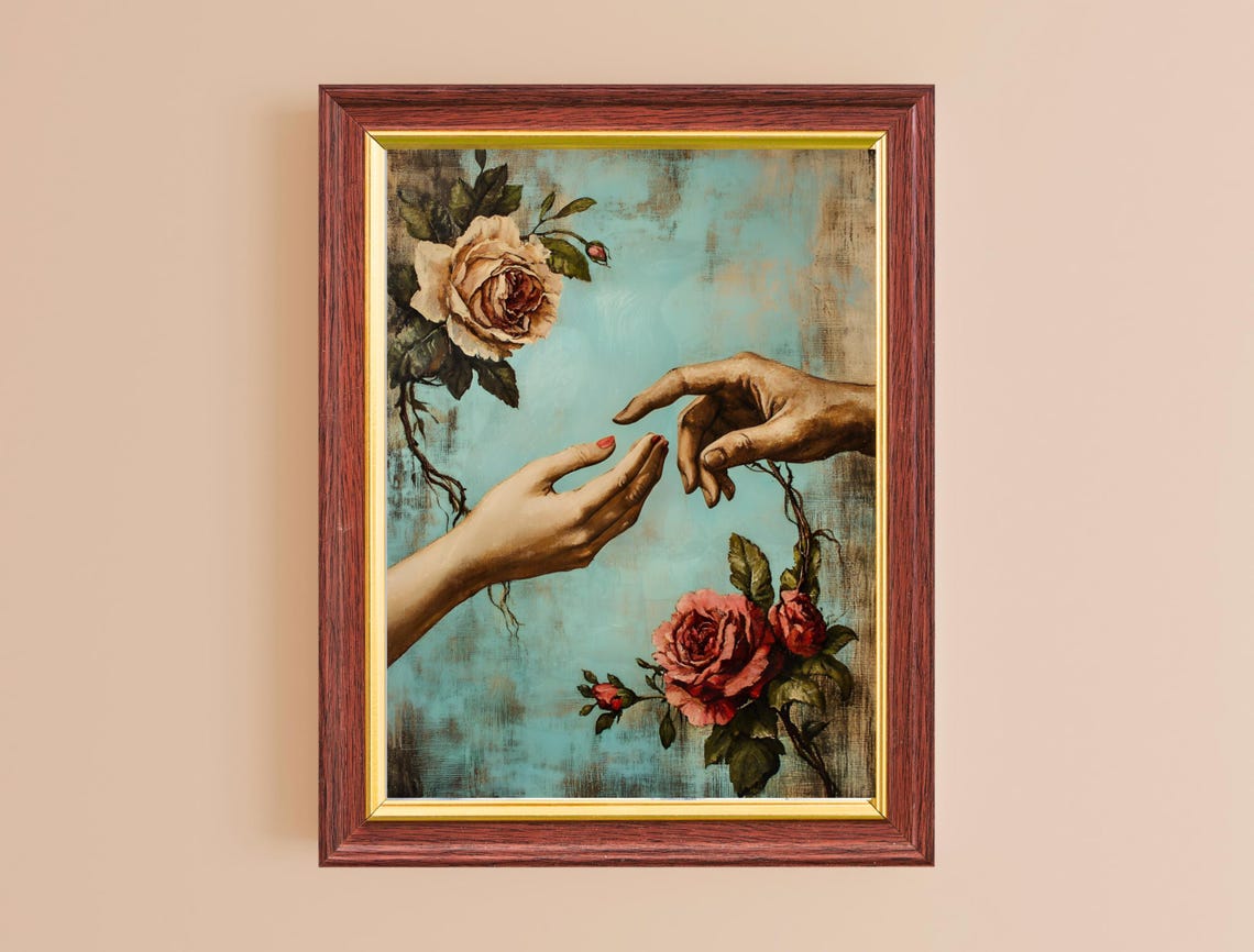Reaching Hands Red Roses Teal Vintage Romance Floral Wall Art Print - Image 2