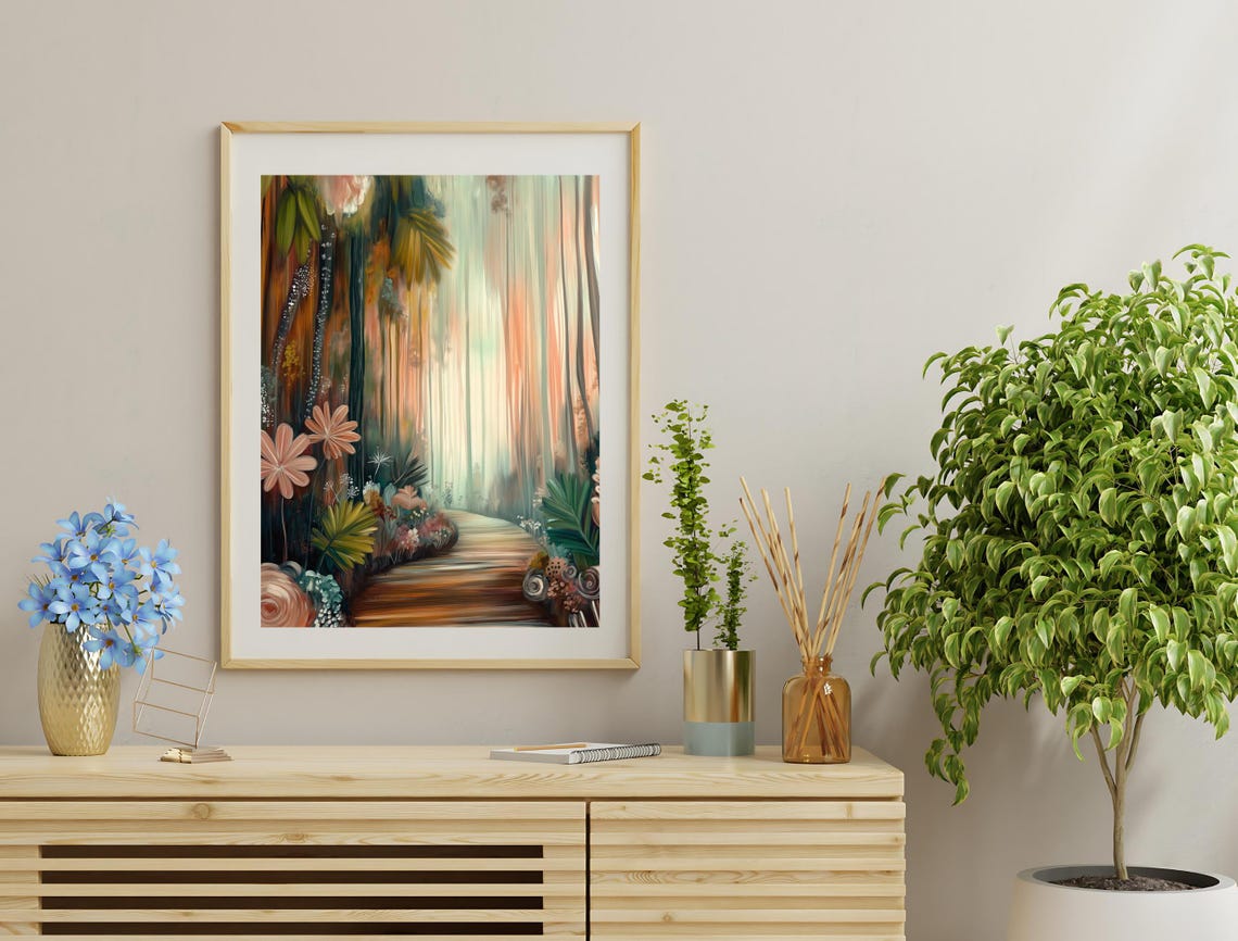 Tropical Forest Path Peach Flowers Misty Watercolor Landscape Poster - Image 3