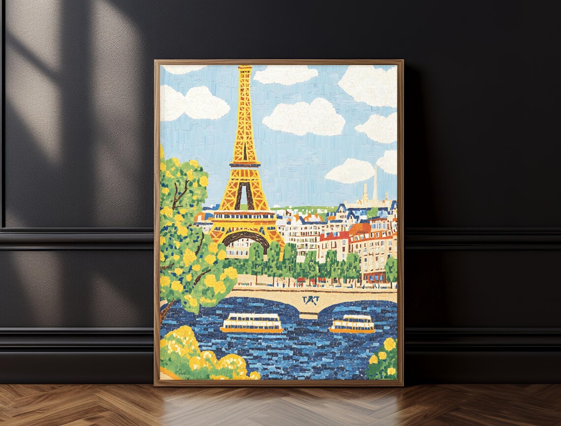 Eiffel Tower Paris Seine Boats Colorful Cityscape Travel Art Poster