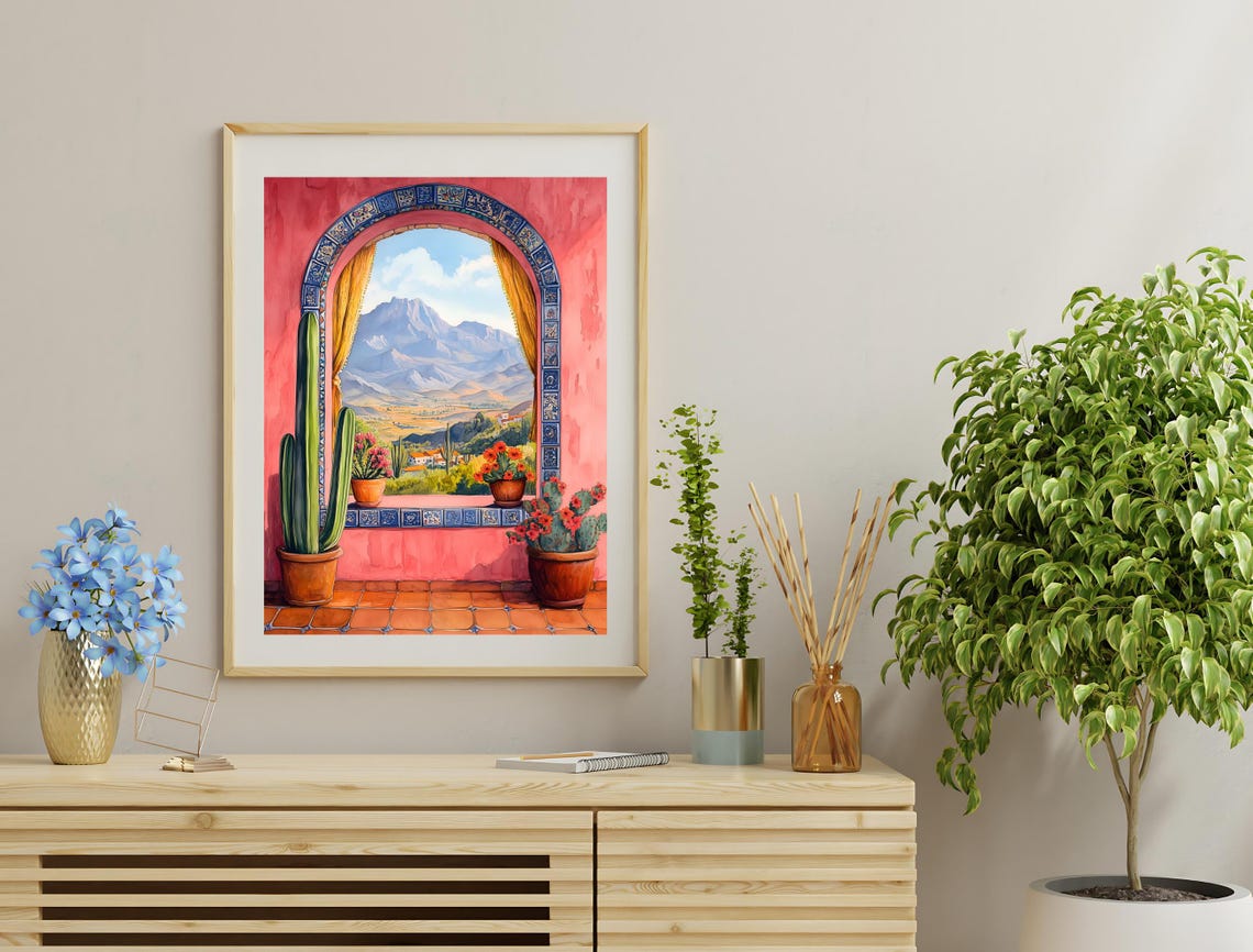 Mexico Mountain View Arched Window Cactus Terracotta Folk Art Poster - Image 2
