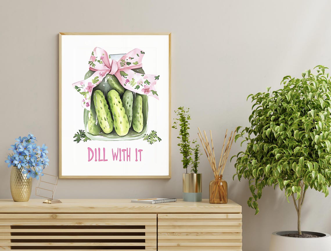 Cute Dill Pickle Jar Floral Bow Watercolor Pun Kitchen Poster - Image 3