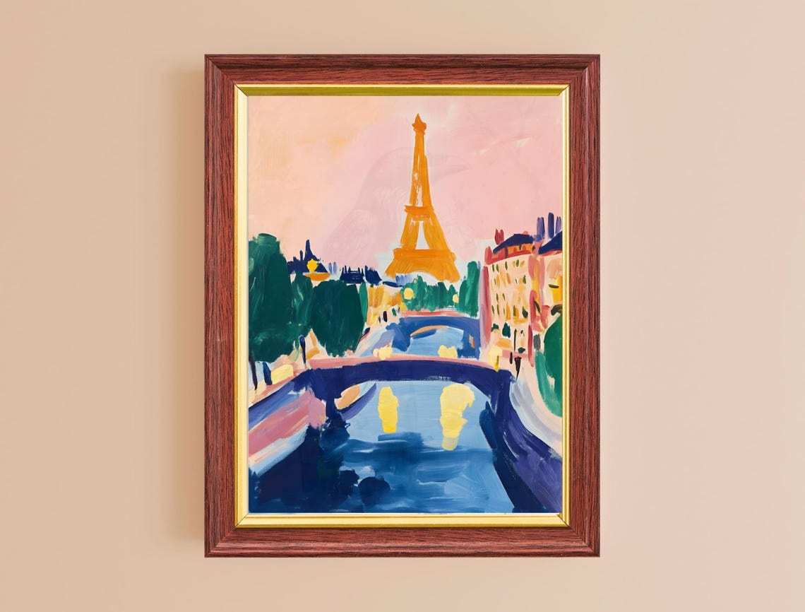 Eiffel Tower Seine Bridge Paris Pink Sky Painterly Travel Wall Poster - Image 2