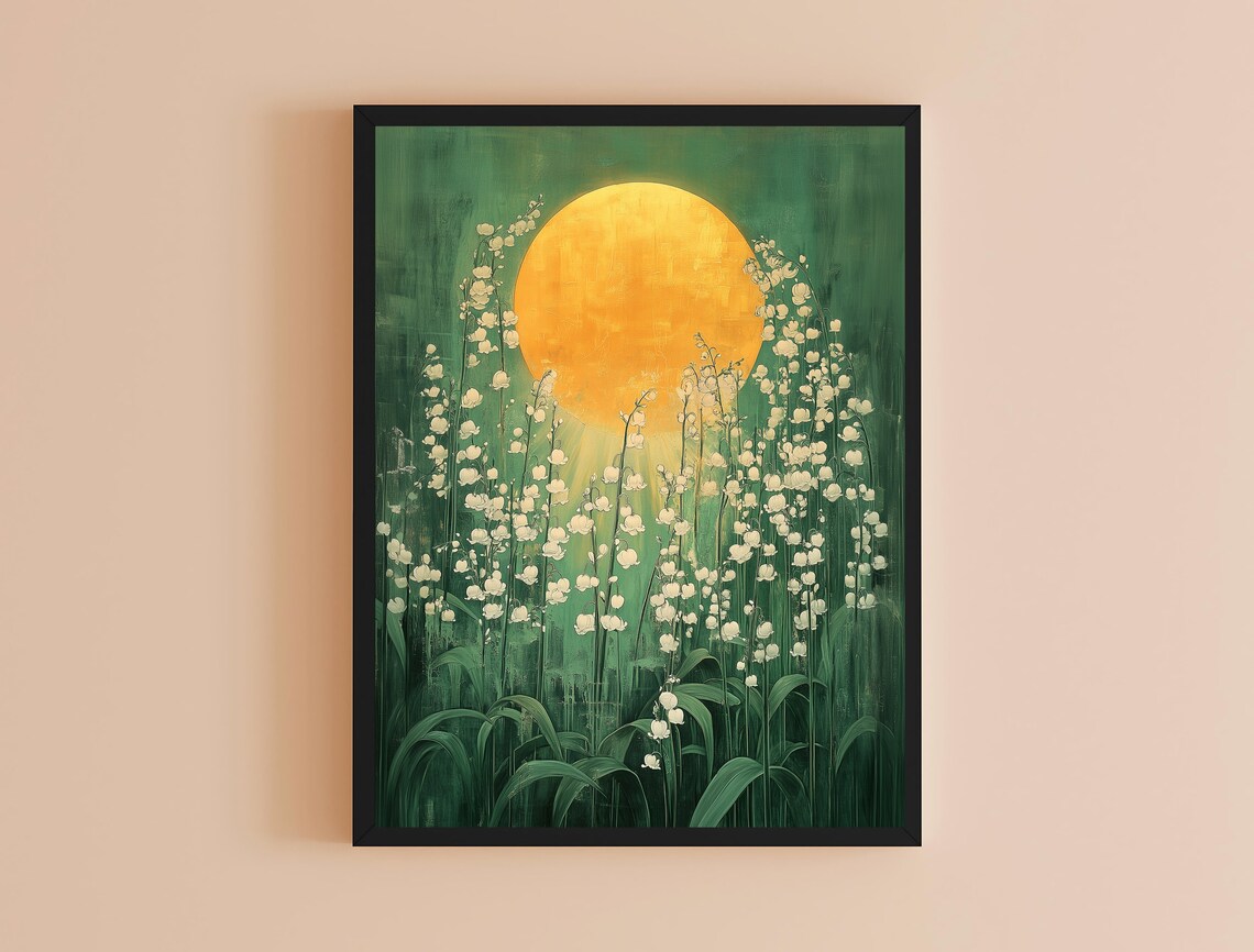 White Lily Of The Valley Golden Sun Green Impressionist Floral Meadow Wall Art