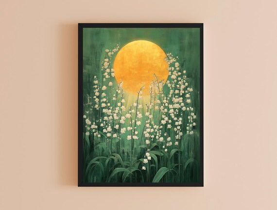 White Lily Of The Valley Golden Sun Green Impressionist Floral Meadow Wall Art