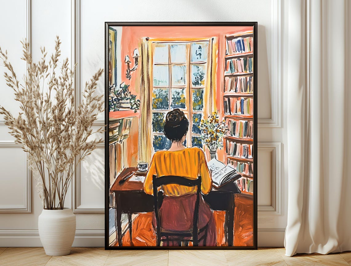 Woman Reading Cozy Orange Library Window Warm Interior Art Poster