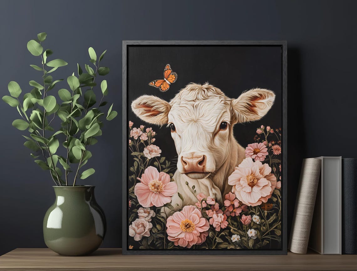 White Calf Pink Flowers Monarch Butterfly Black Farm Art Poster - Image 6