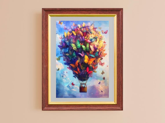 Maximalist Wall Art Whimsical Butterfly Poster Hot Air Balloon Print Bold Colored Decor For Living Room And Bedroom
