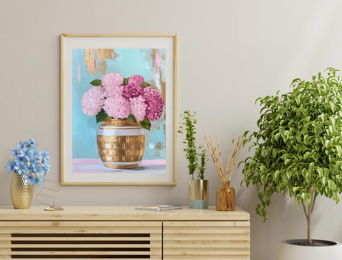 Pink Hydrangeas Gold Vase Blue Abstract Floral Maximalist Wall Art - Image 3