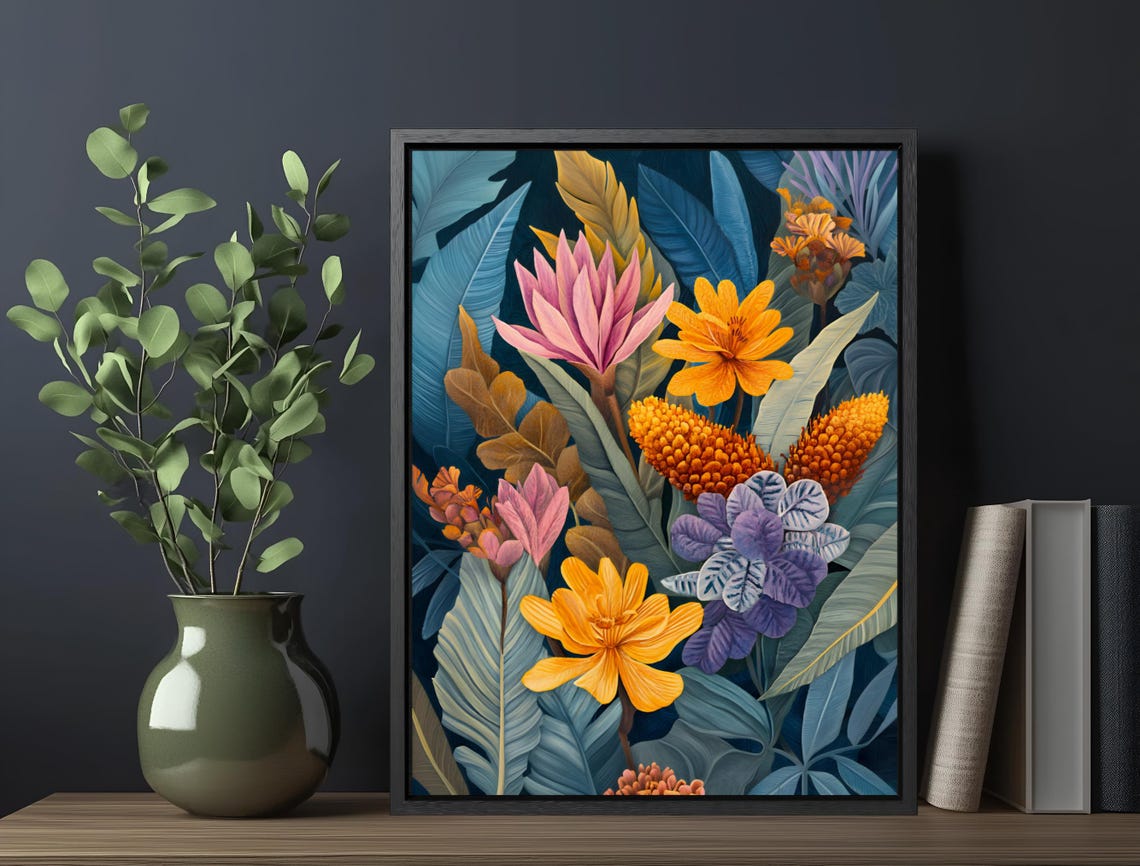 Tropical Floral Pink Lotus Yellow Blooms Blue Leaves Maximalist Print - Image 6