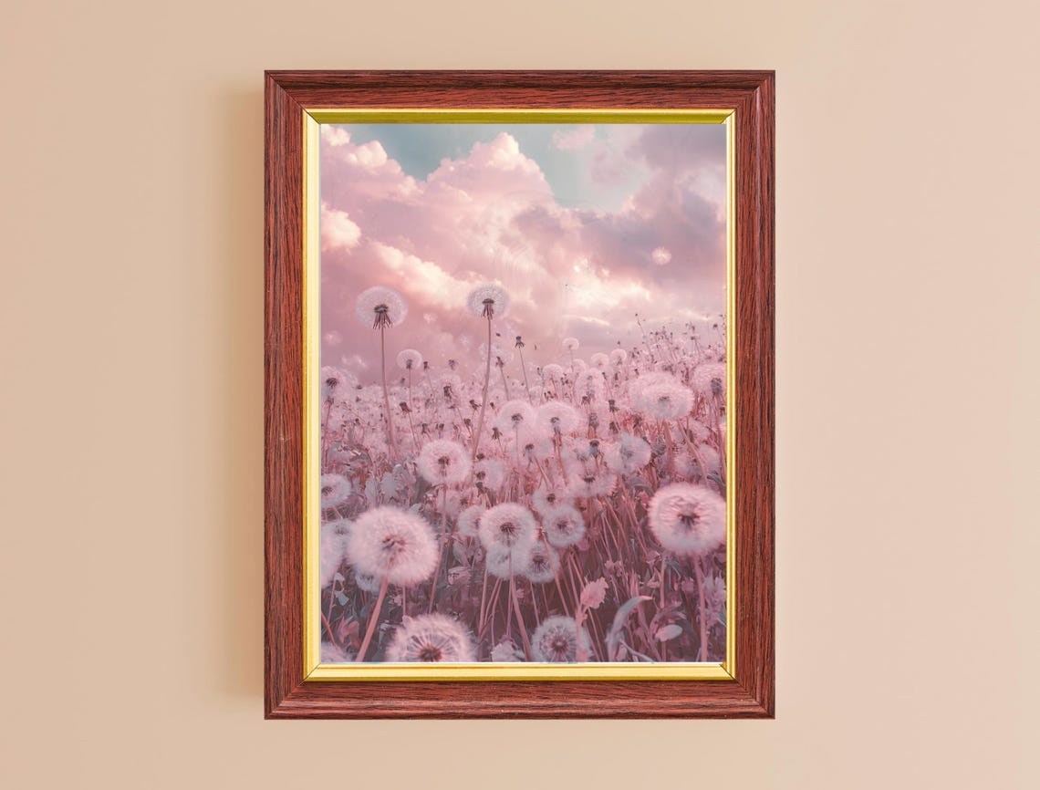 Pink Dandelion Seed Heads Field Dreamy Pastel Sky Botanical Art Poster - Image 2