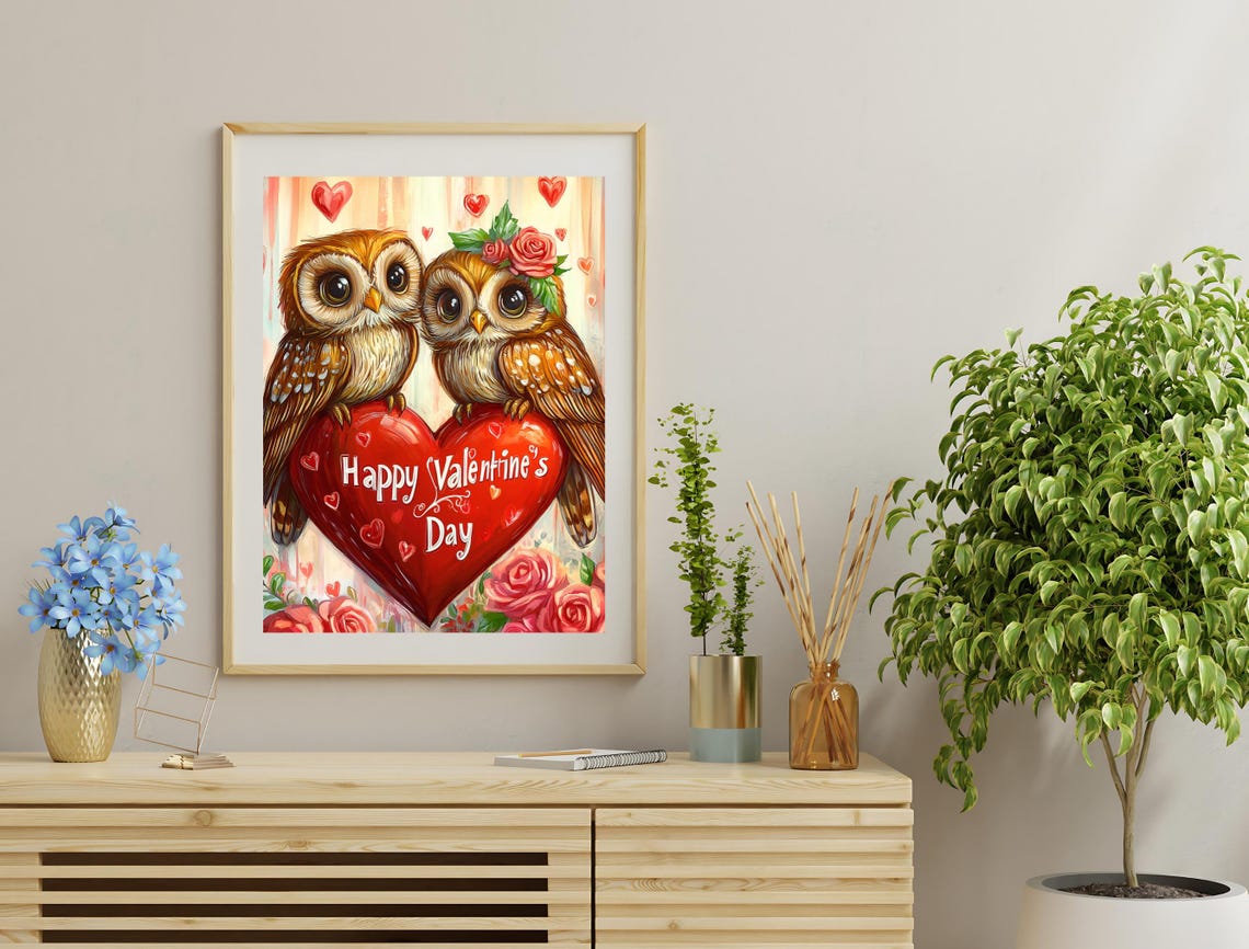 Owl Couple Happy Valentines Day Heart Roses Cute Romantic Art Poster - Image 3