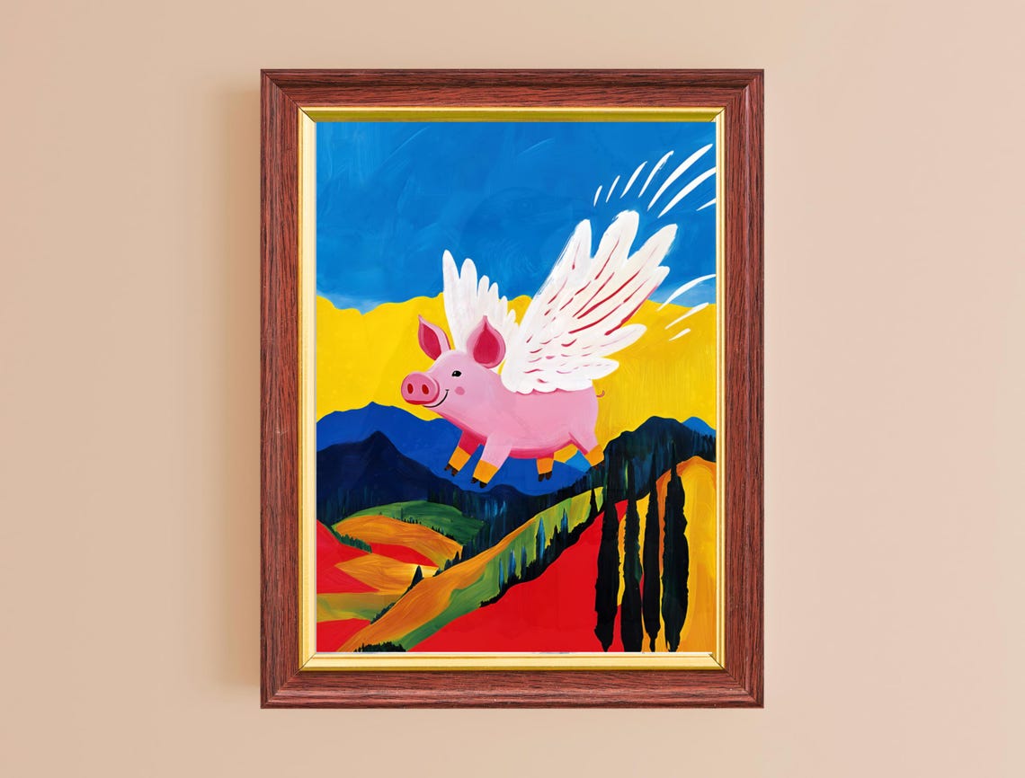 Winged Pink Pig Soaring Bold Patchwork Hills Whimsical Art Print - Image 2