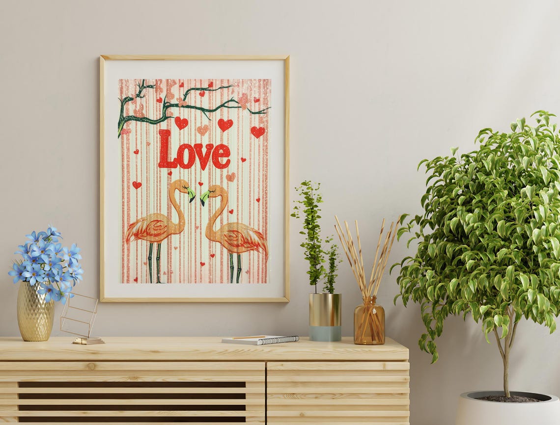 Flamingo Heart Necks Love Red Hearts Striped Valentine Art Poster - Image 2