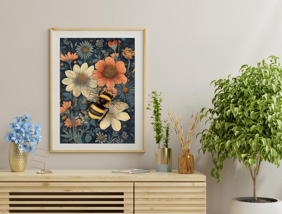 Bumble Bee Vintage Botanical Wall Art Dark Floral Daisy Print Poster - Image 4