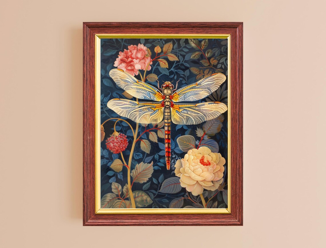 Dragonfly Botanical Art Nouveau Dark Navy Vintage Nature Wall Poster - Image 2