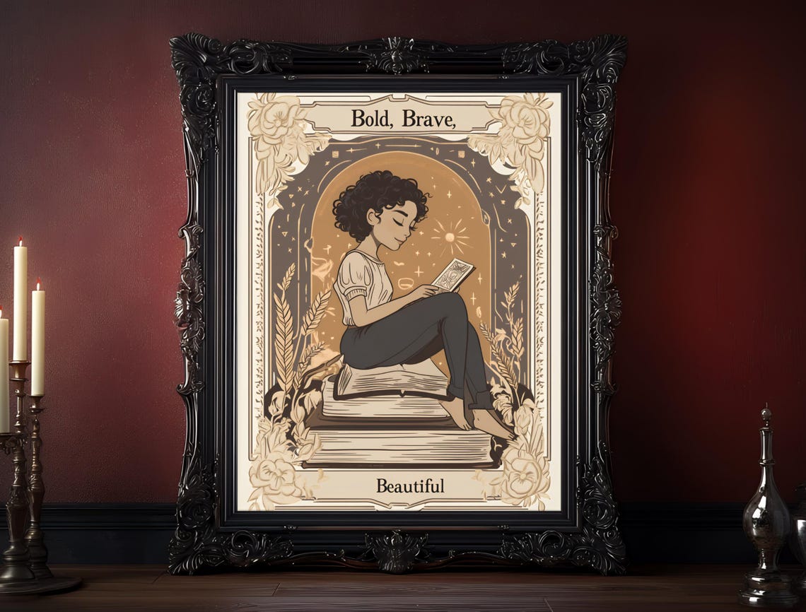 Bold Brave Beautiful Book Girl Cream Vintage Frame Quote Poster