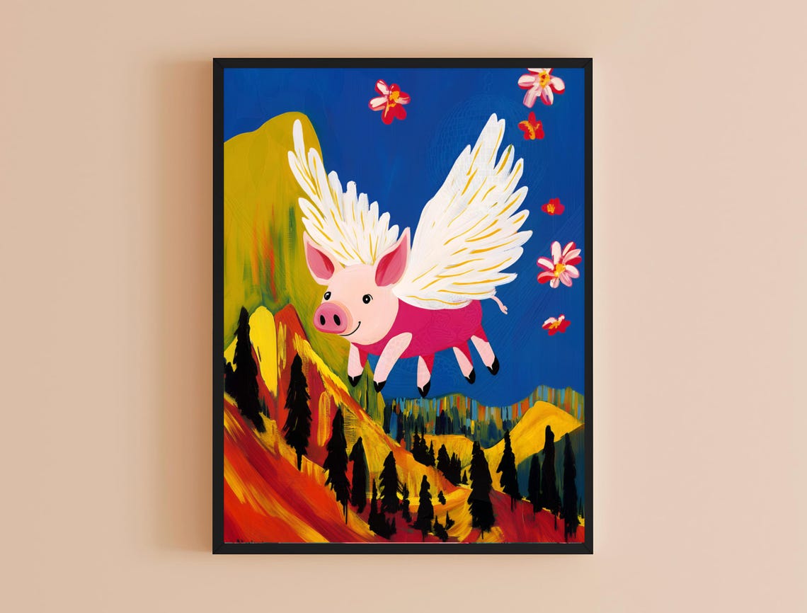 Flying Pig Angel Wings Colorful Mountain Landscape Whimsical Print