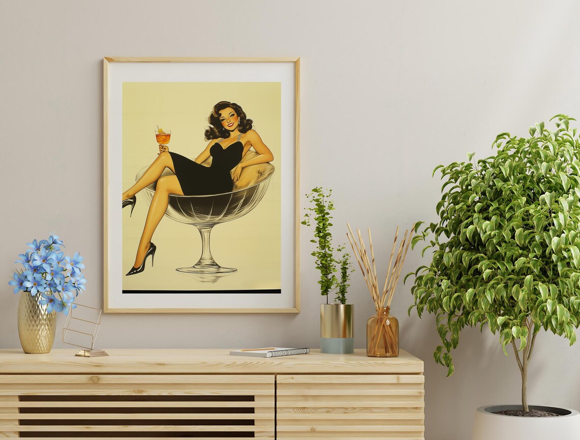 Vintage Pin Up Woman Champagne Coupe Cocktail Black Dress Retro Poster - Image 3