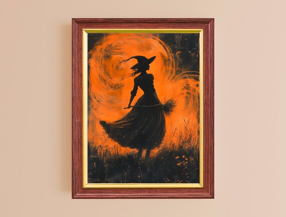 Witch Silhouette Orange Moon Broom Dark Spooky Halloween Art Poster