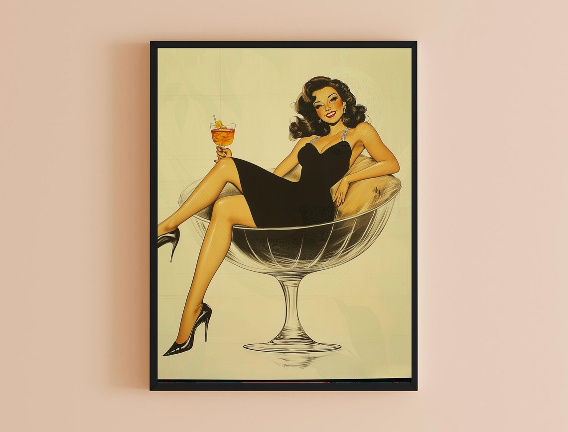 Vintage Pin Up Woman Champagne Coupe Cocktail Black Dress Retro Poster - Image 4