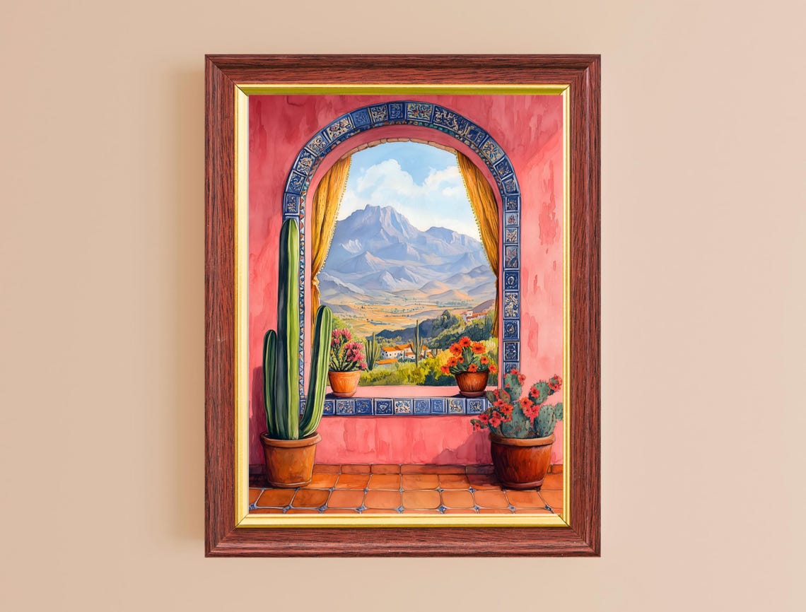 Mexico Mountain View Arched Window Cactus Terracotta Folk Art Poster