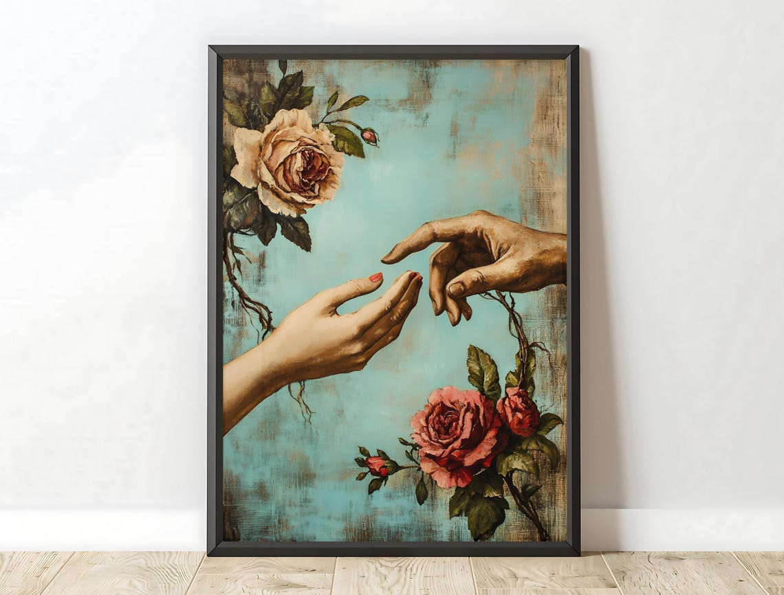 Reaching Hands Red Roses Teal Vintage Romance Floral Wall Art Print