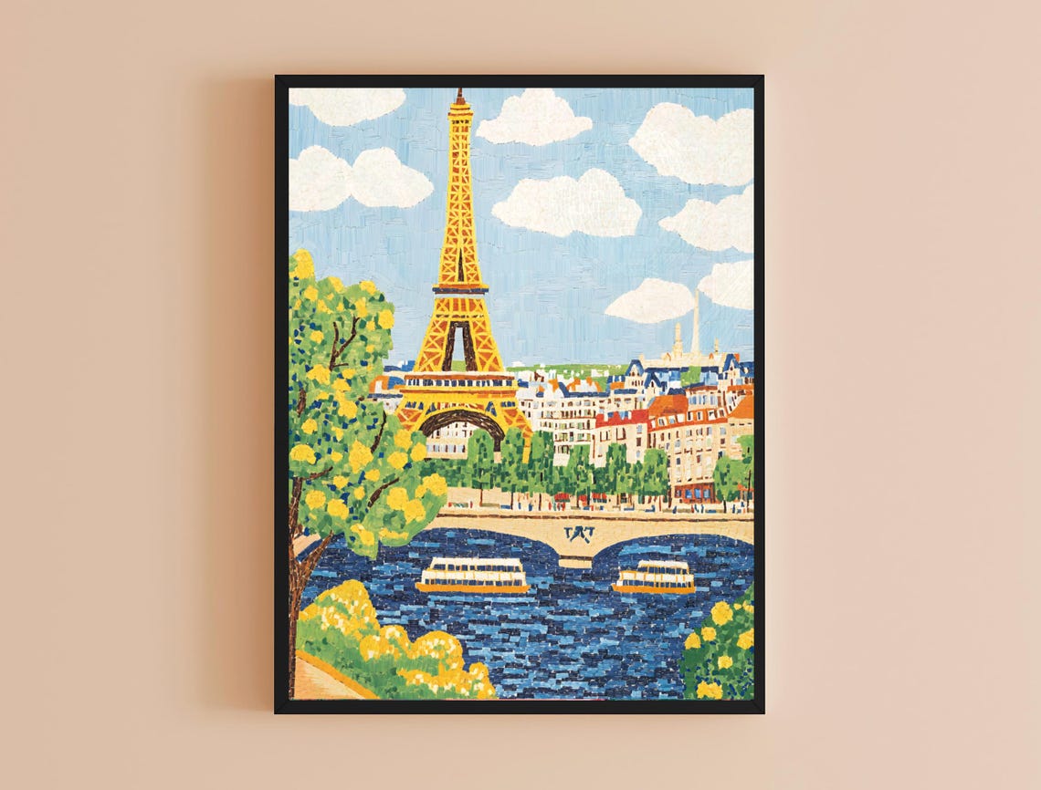 Paris Eiffel Tower Seine River Illustrated Cityscape Art Travel Poster - Image 4