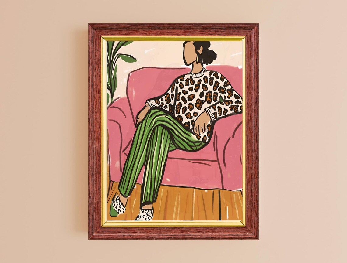 Stylish Woman Leopard Sweater Lounging Pink Chair Trendy Art Poster - Image 2