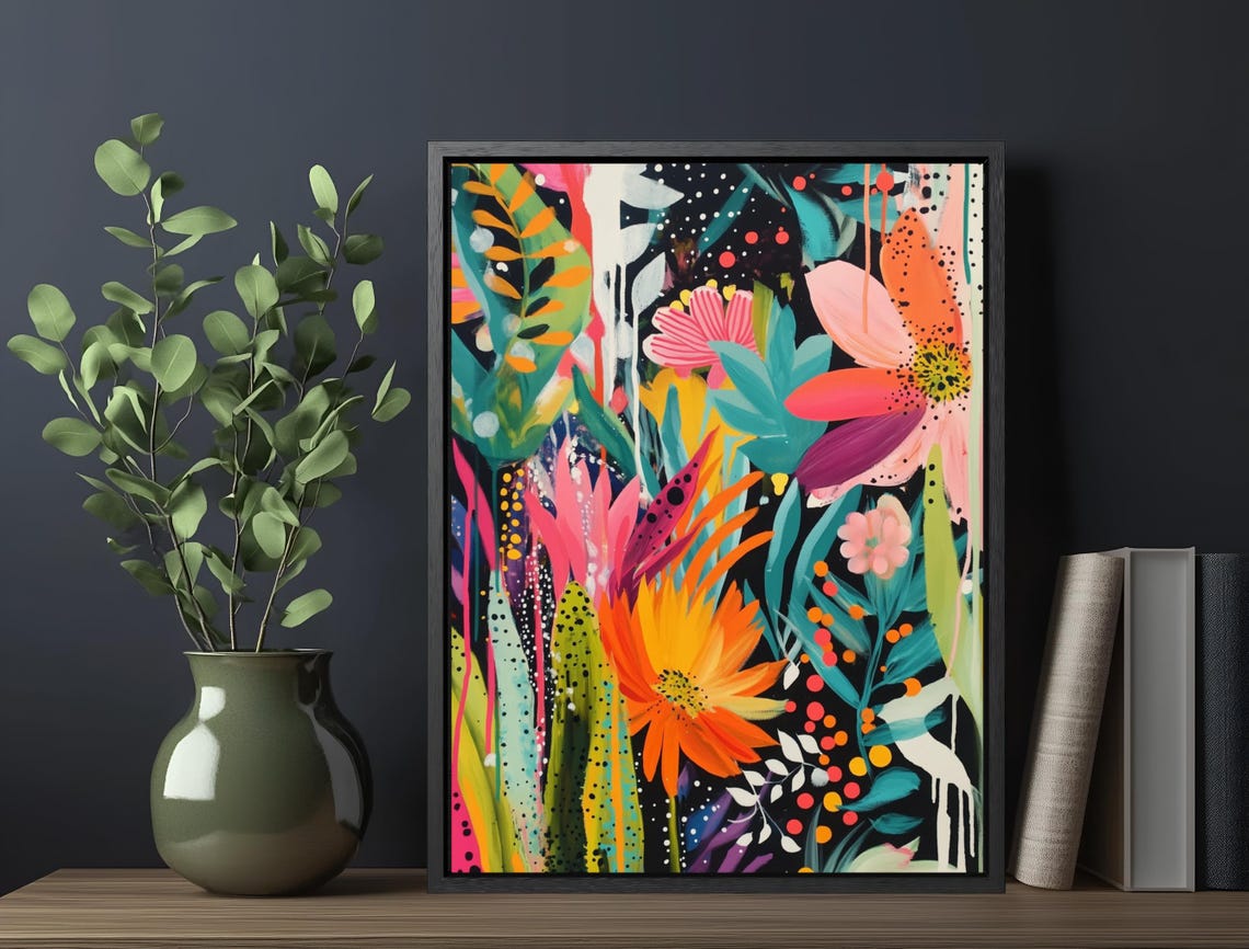 Abstract Floral Explosion Black Background Maximalist Color Poster - Image 6