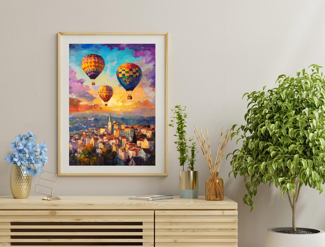 Hot Air Balloons Over Old European Town Sunset Sky Travel Poster - Image 3