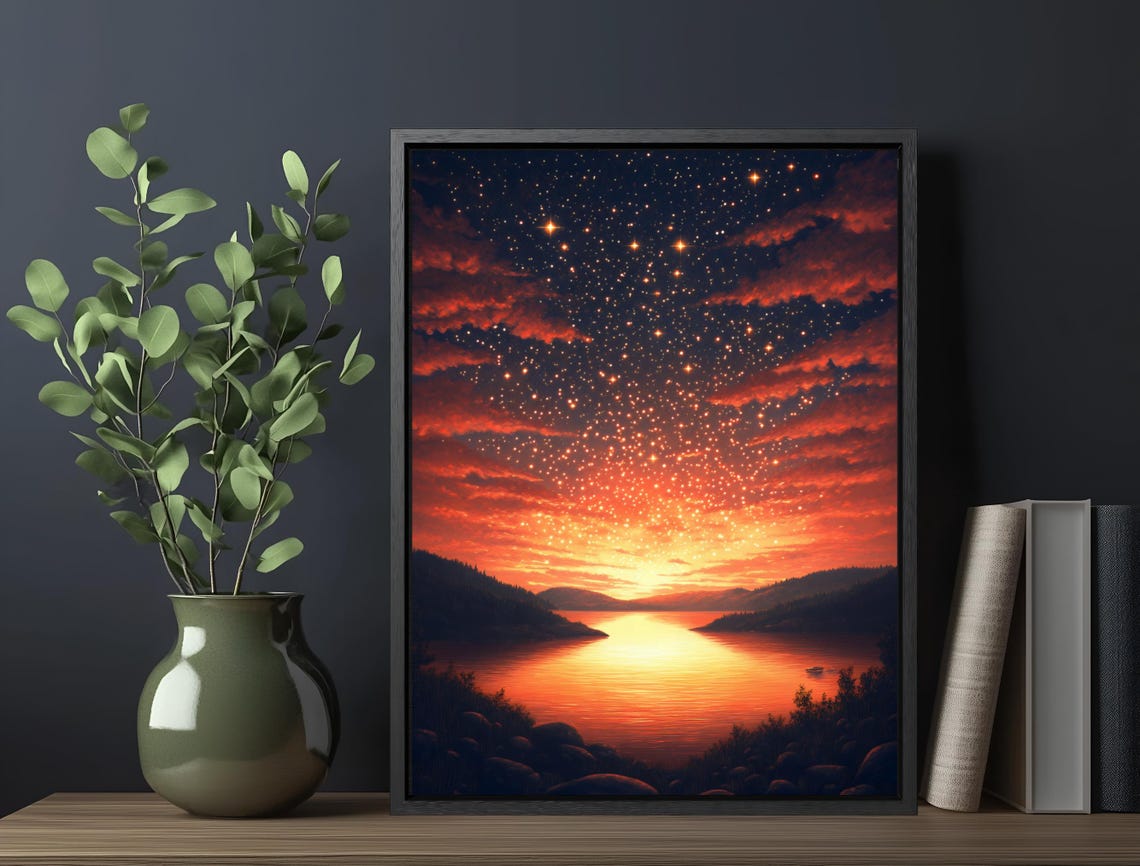 Fiery Sunset Lake Starry Sky Red Clouds Dramatic Landscape Wall Art - Image 6