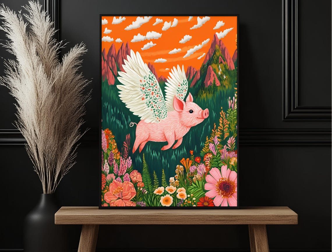 Flying Pig Over Flower Field Sunset Mountains Whimsical Poster