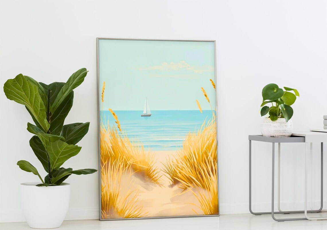 Coastal Sailboat Dune Grass Vintage Beach Nautical Art Poster