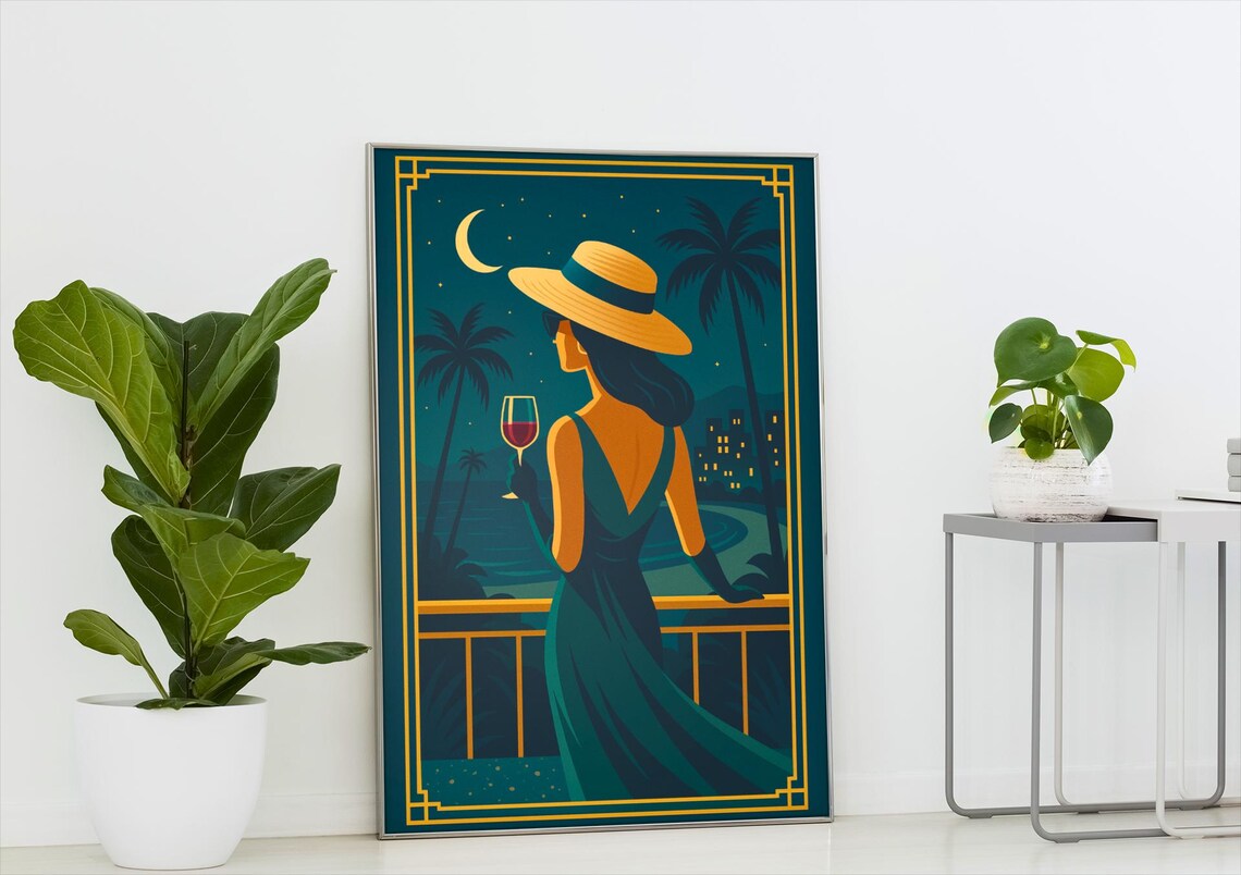 Art Deco Balcony Wine Woman Moonlight Tropical Teal Gold Poster