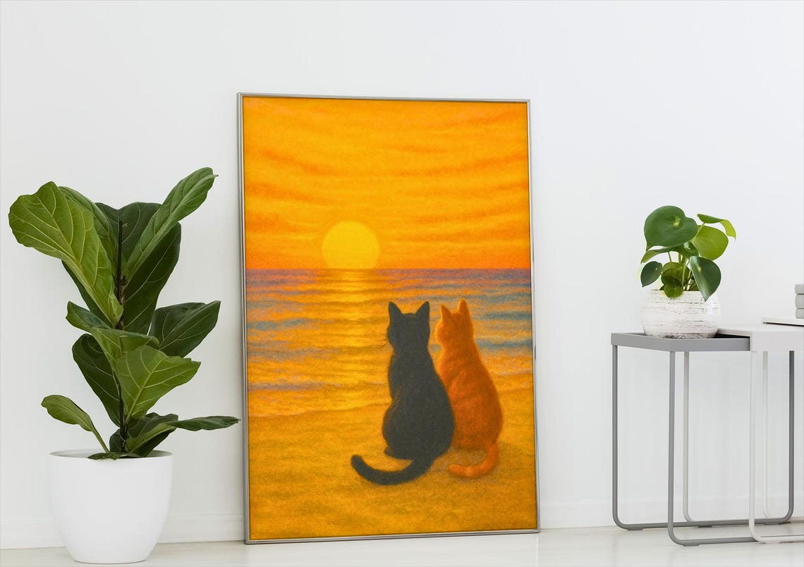 Two Cats Watching Sunset Over Ocean Romantic Animal Art Print
