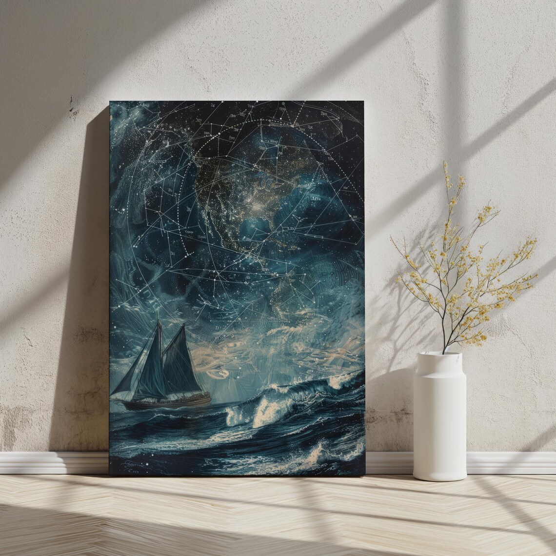 Nautical Night Sky Constellation Art, Celestial Ocean Scene