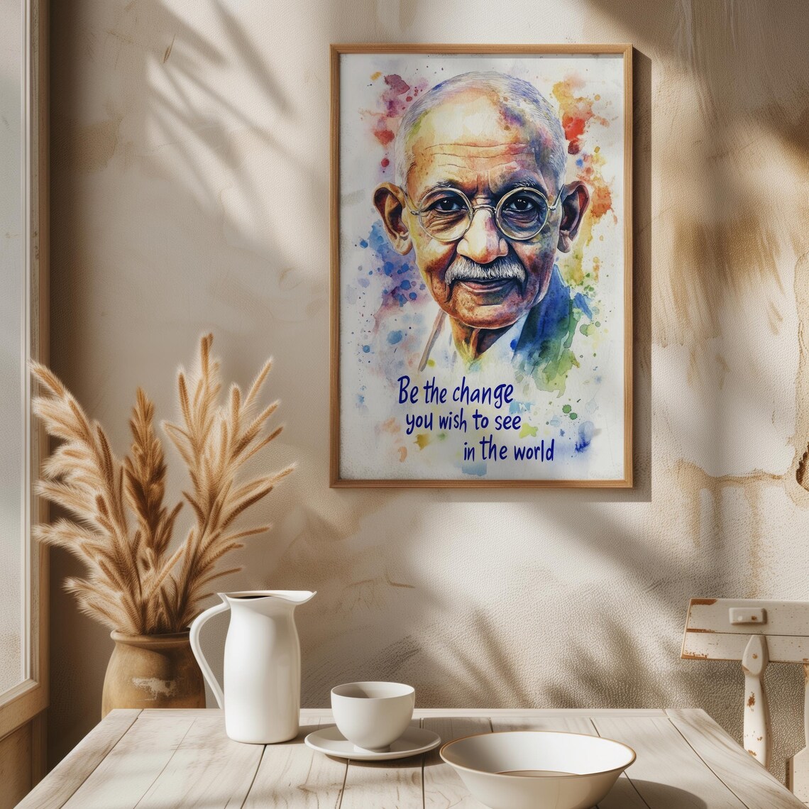 Mahatma Gandhi Watercolor Portrait Be The Change Inspirational Quote Print - Image 4