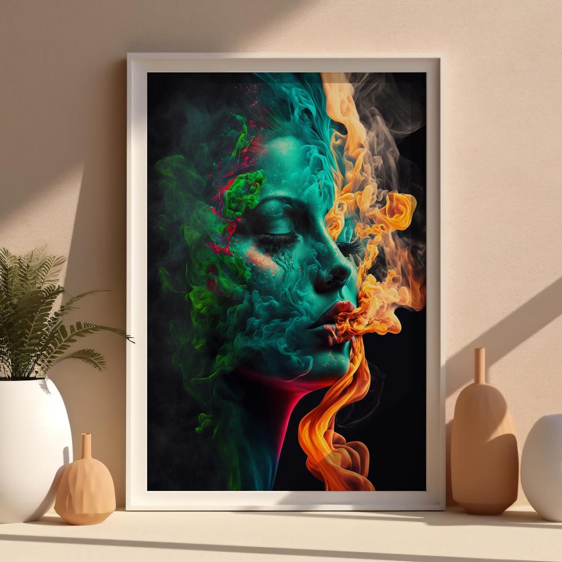 Ethereal Woman Smoke Portrait Teal Orange Mist Psychedelic Art Poster - Image 3