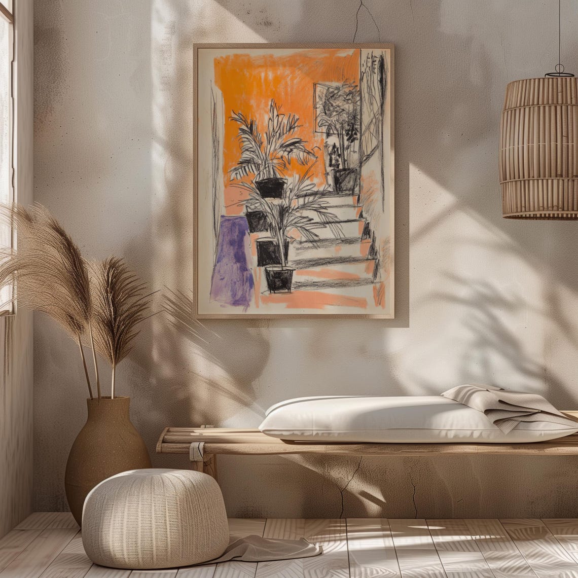 Potted Plants Charcoal Sketch Bold Orange Wall Interior Art Poster - Image 8