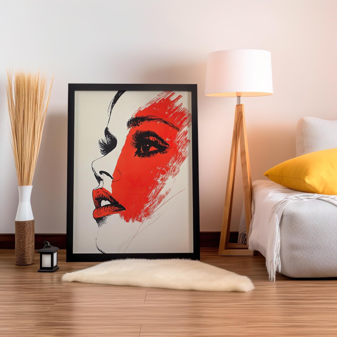 Bold Red Pop Art Female Profile Portrait Black Line Art Poster - Image 2