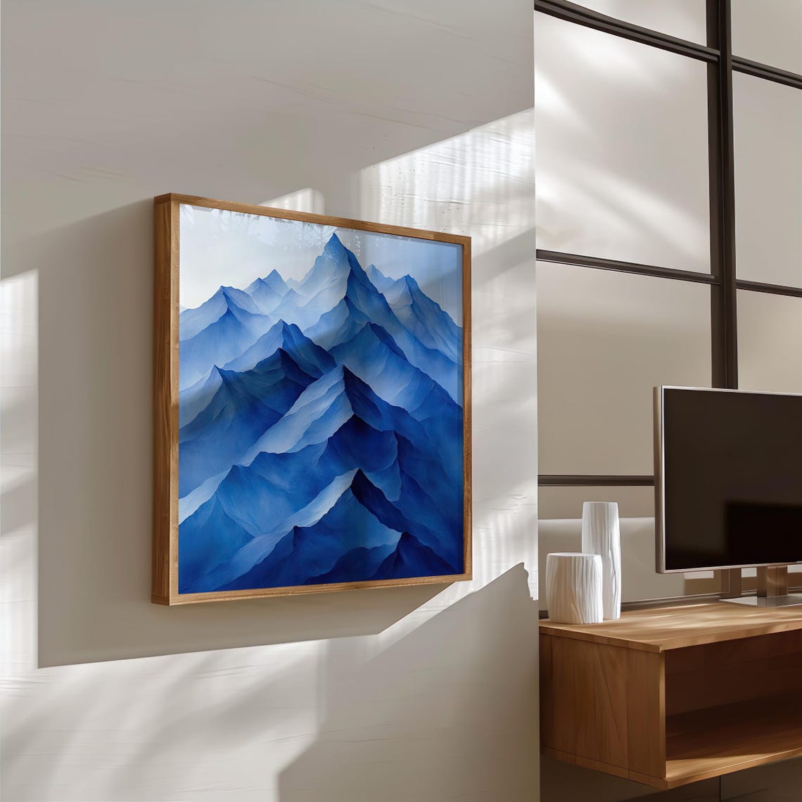 Abstract Mountain Peaks Art Print Geometric Landscape In Modern Blue Tones Contemporary Wall Decor Wall Art Ai Art - Image 2