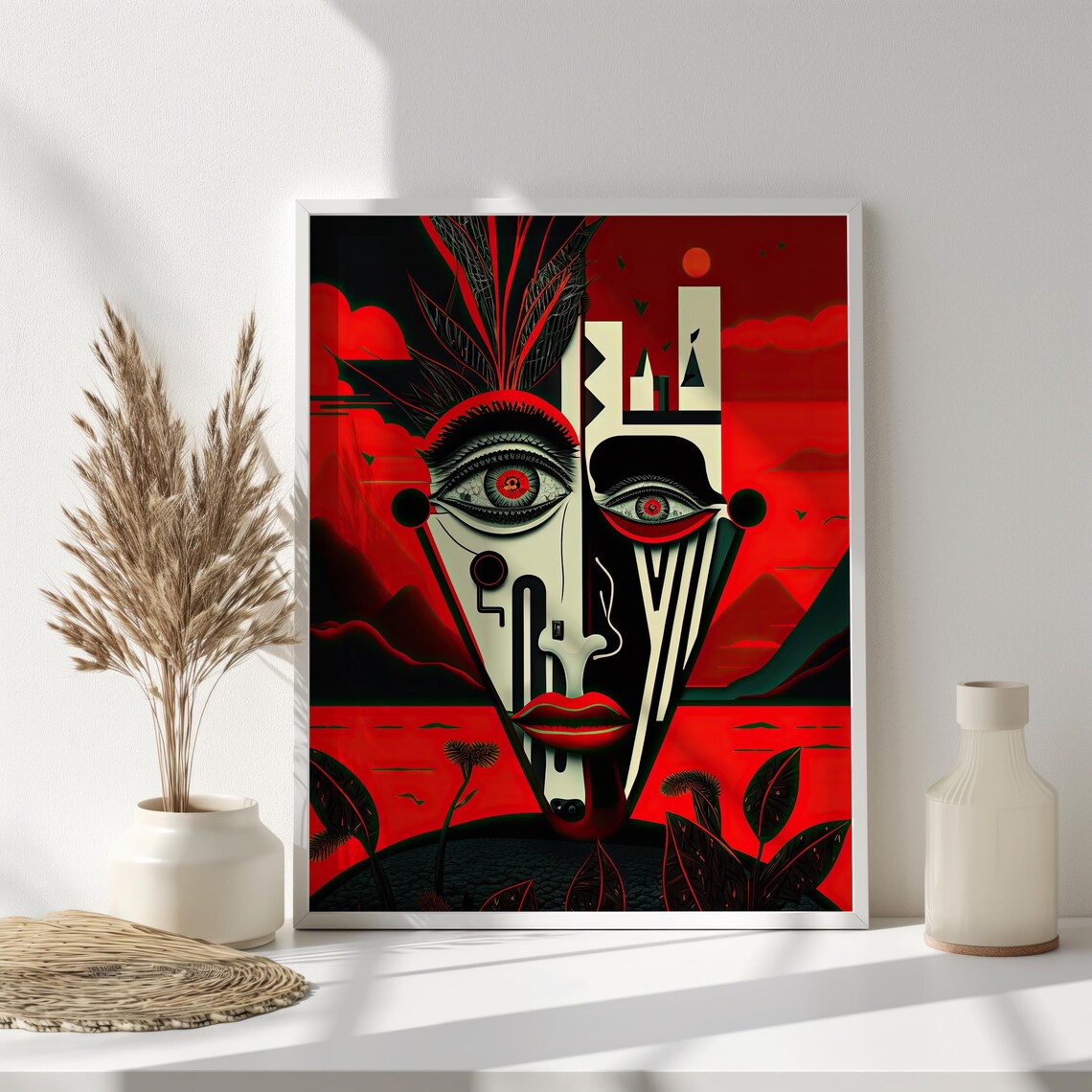 Surrealist Geometric Red Black Face Futuristic Cubist Mask Art Poster