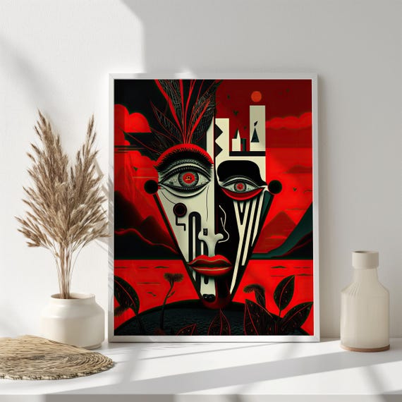 Abstract Surrealist Face Art In Red And Black Modern Wall Art Print Futuristic Ai Art Geometric Home Decor